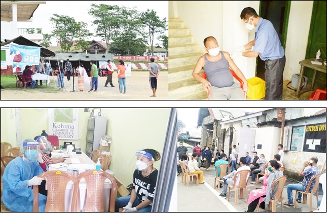 (Top) A special COVID-19 vaccination drive was organised by  District Task Force, Phek in collaboration with 22 Assam Riffles Battalion on June 20 at Local Ground, Phek town.  (Bottom) The Kohima Chamber of Commerce and Industry (KCCI) in collaboration with District Task Force and Chief Medical Office organised a one-day vaccination drive exclusively for the business community at KCCI office on June 21. Over 140 traders have been inoculated with the vaccine, KCCI said. N Bhavani, ADC Kohima visited the office and asked the KCCI to continue the registration for the remaining traders so that session can be conducted as and when vaccines are made available.